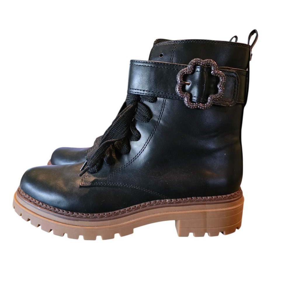 Sam & Libby Black Combat Boots Glitter Flower Buckle Lug Sole Size 11 13169S1001